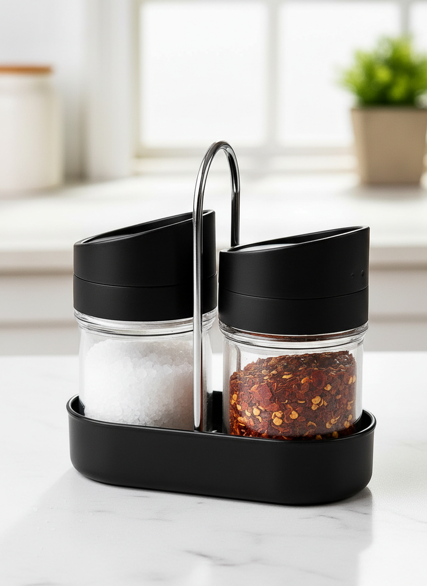 Apex Helix Salt N Pepper 2-piece Plastic Jar Set With Stand - faq-with-image