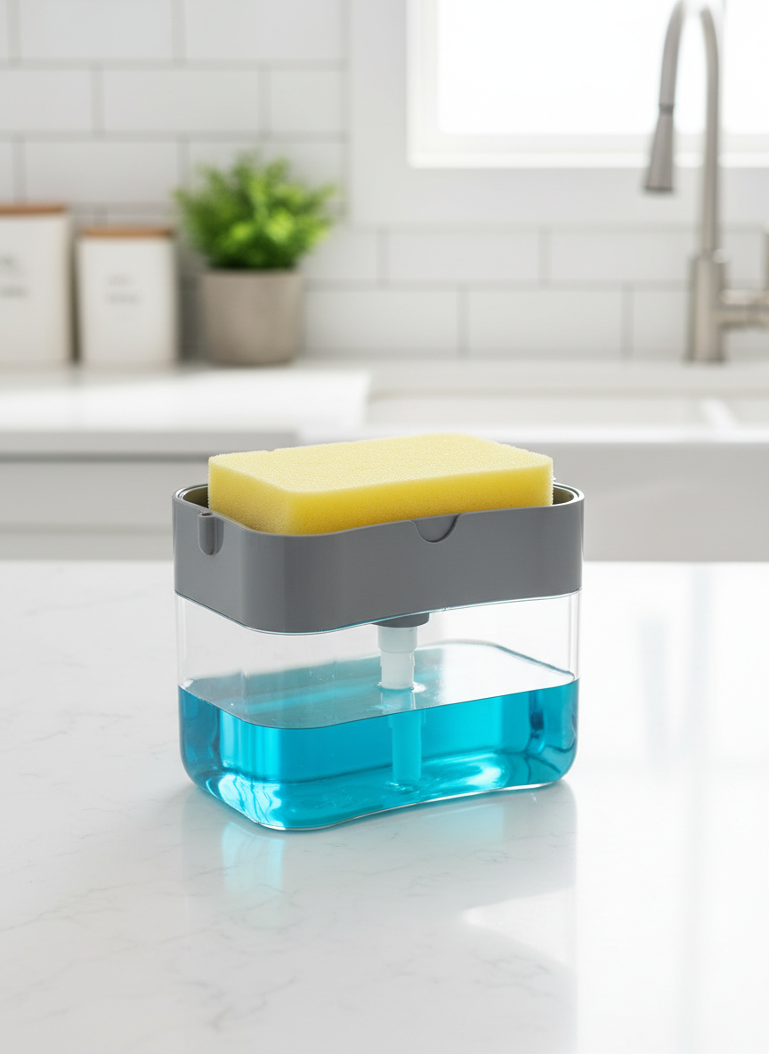 2-in-1 Liquid Soap Dispenser On Countertop With Sponge Holder - faq-with-image