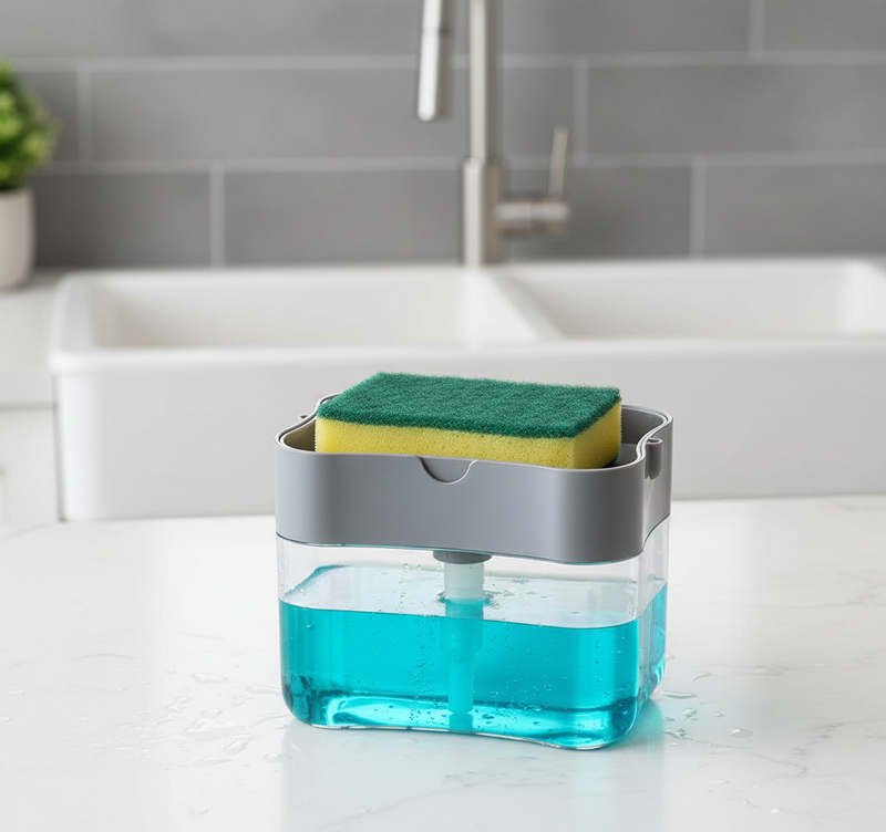 2-in-1 Liquid Soap Dispenser On Countertop With Sponge Holder - key-ingredients