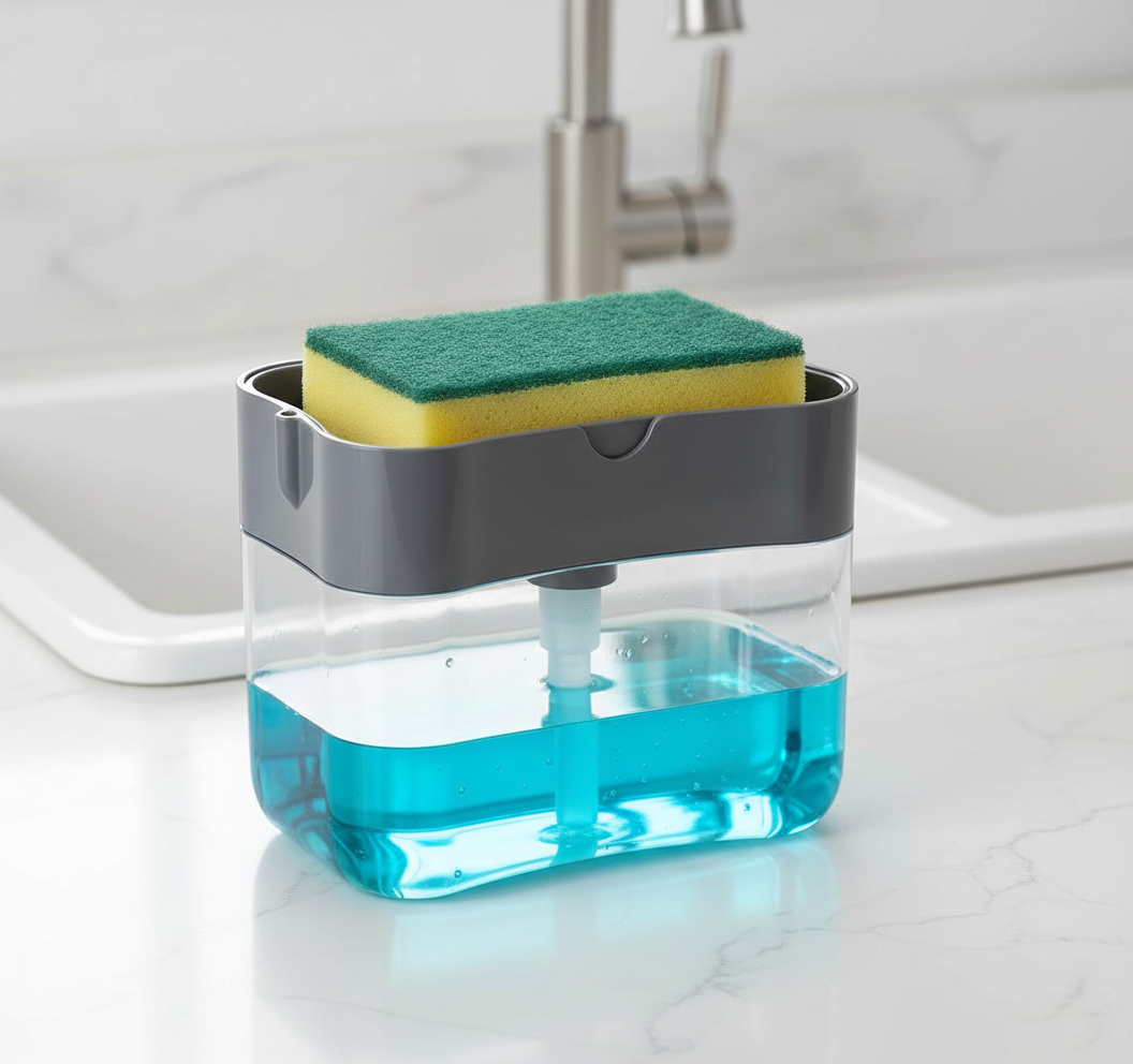 2-in-1 Liquid Soap Dispenser On Countertop With Sponge Holder - skincare-media-carousel