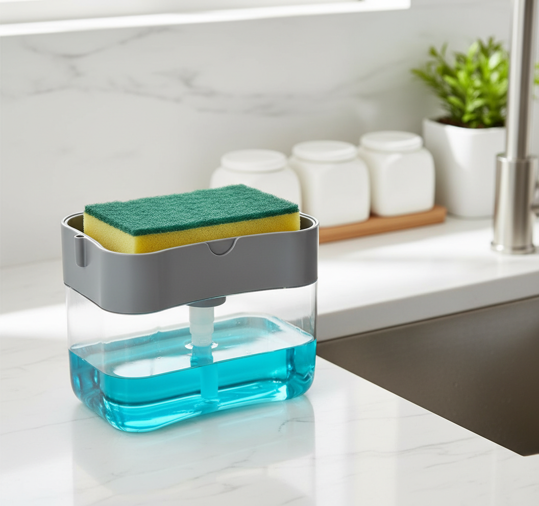 2-in-1 Liquid Soap Dispenser On Countertop With Sponge Holder - skincare-media-carousel