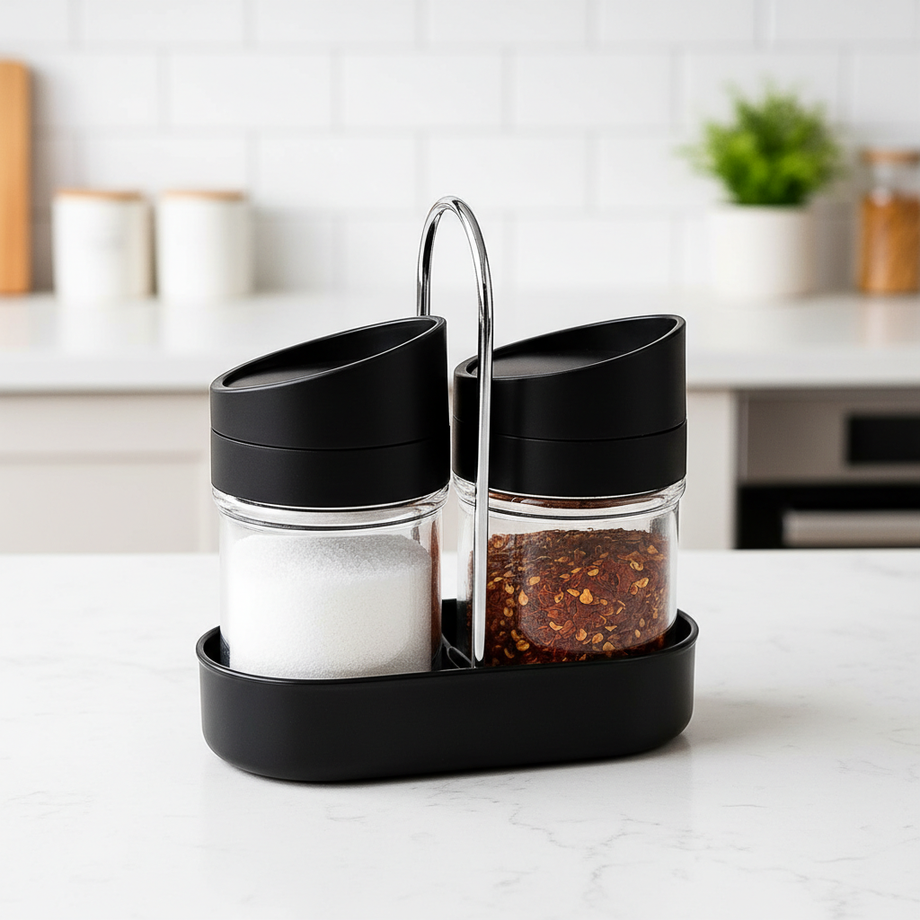 Apex Helix Salt N Pepper 2-piece Plastic Jar Set With Stand - skincare-media-carousel