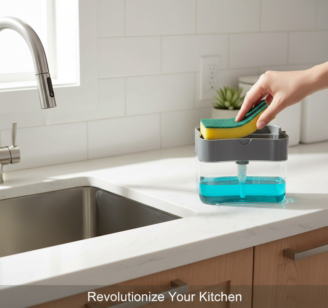 2-in-1 Liquid Soap Dispenser On Countertop With Sponge Holder - skincare-media-carousel